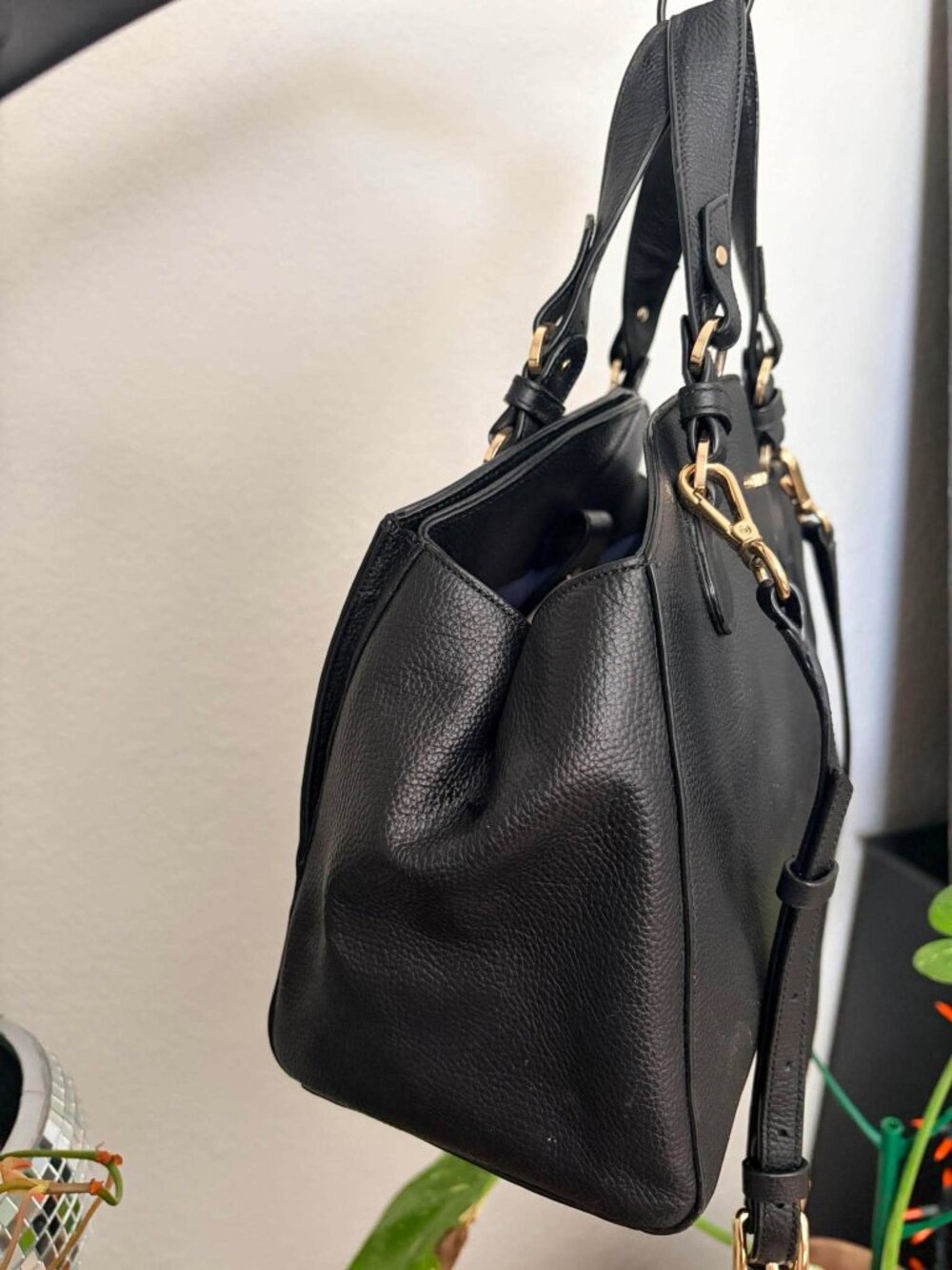 Cole Haan Black Pebbled Leather Grand Ambition Satchel Crossbody Tote Gold Hardw - Picture 4 of 7
